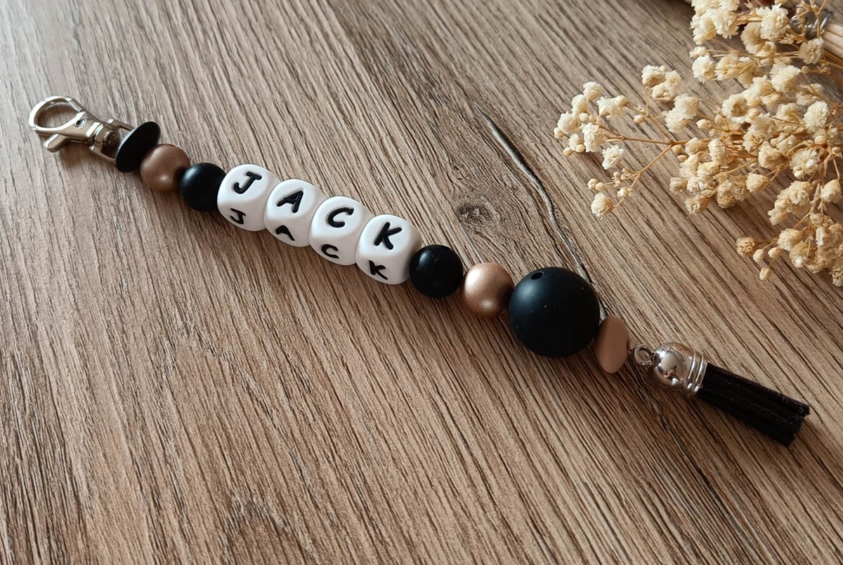 Gepersonaliseerde Sleutelhanger met Kralen - Cadeau sleutelhanger - Sleutelhanger met naam - Silliconen kralen sleutelhanger - Gepersonaliseerd cadeau - Gold Black