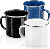 3 x emaille bekers - drinkbekers van geëmailleerd roestvrij staal - theepot - koffiemok voor buiten en camping - 3-delige bekerset - vaatwasmachinebestendig (wit zwart blauw)