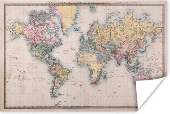 Décoration murale - Carte du Wereldkaart - Rétro - Couleurs - 60x40 cm - Affiche