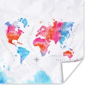 Poster Wereldkaart - Kleuren - Waterverf - 75x75 cm