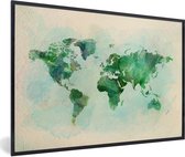 Fotolijst incl. Poster - Wereldkaart - Waterverf - Groen - 90x60 cm - Posterlijst
