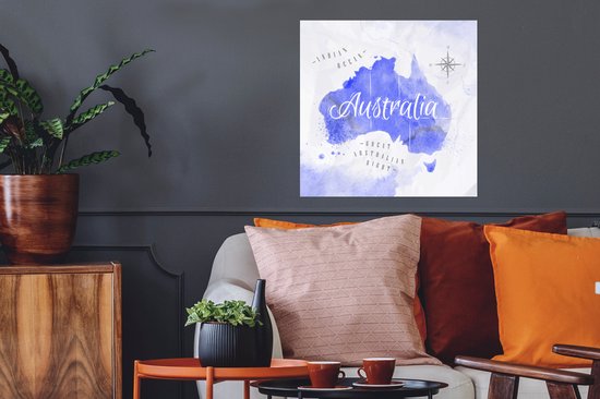 Décoration murale - Carte du Wereldkaart - Australie - Blauw - 50x50 cm - Affiche