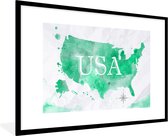 Fotolijst incl. Poster - Wereldkaart - Verenigde Staten - Groen - 90x60 cm - Posterlijst