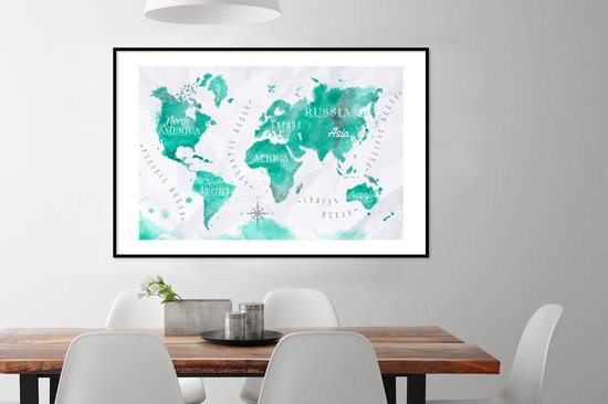 Poster in lijst - Fotolijst 120x80 cm - Posters - Wereldkaart - Schilderij - Waterverf - Posterlijst zwart - Decoratie - Wanddecoratie woonkamer - Muurdecoratie slaapkamer