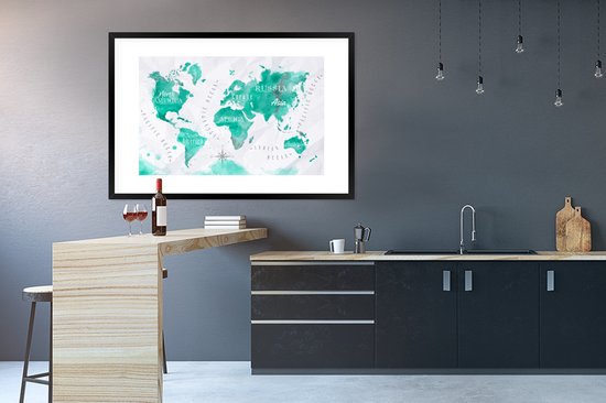 Poster in lijst - Fotolijst 120x80 cm - Posters - Wereldkaart - Schilderij - Waterverf - Posterlijst zwart - Decoratie - Wanddecoratie woonkamer - Muurdecoratie slaapkamer