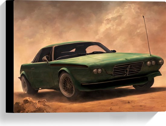 Canvas - Oude Groene Auto Rijdend over Zandpad - 40x30 cm Foto op Canvas Schilderij (Wanddecoratie op Canvas)