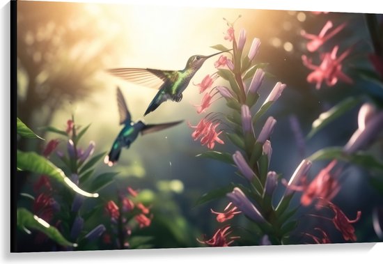 Canvas - Kolibries Vliegend bij Roze Plantgjes - 120x80 cm Foto op Canvas Schilderij (Wanddecoratie op Canvas)