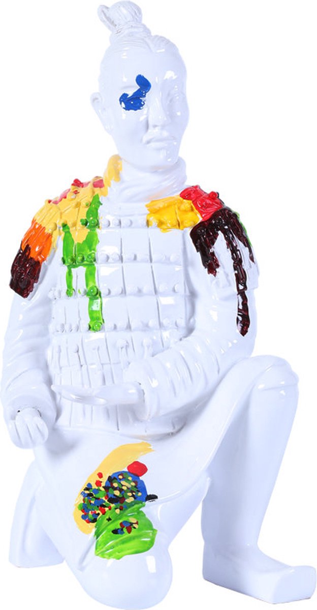 Fine Asianliving Terracotta Beeld Knielende Boogschutter Pop Art Splash Handgeschilderd B17xD15xH32cm Wit, Multicolour