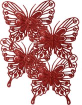 Decoris kerstboom decoratie vlinders op clip - 4x - rood - 13 cm
