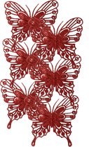 Decoris kerstboom decoratie vlinders op clip - 6x - rood - 13 cm