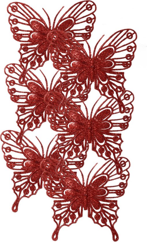 Decoris kerstboom decoratie vlinders op clip - 6x - rood - 13 cm