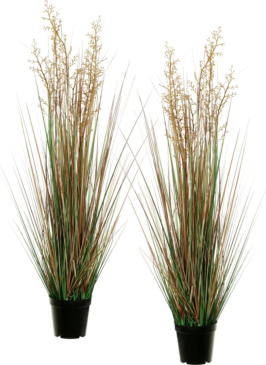 Louis Maes Quality kunstplant - 2x - Siergras met bes - groen/bruin - H95 cm - in pot