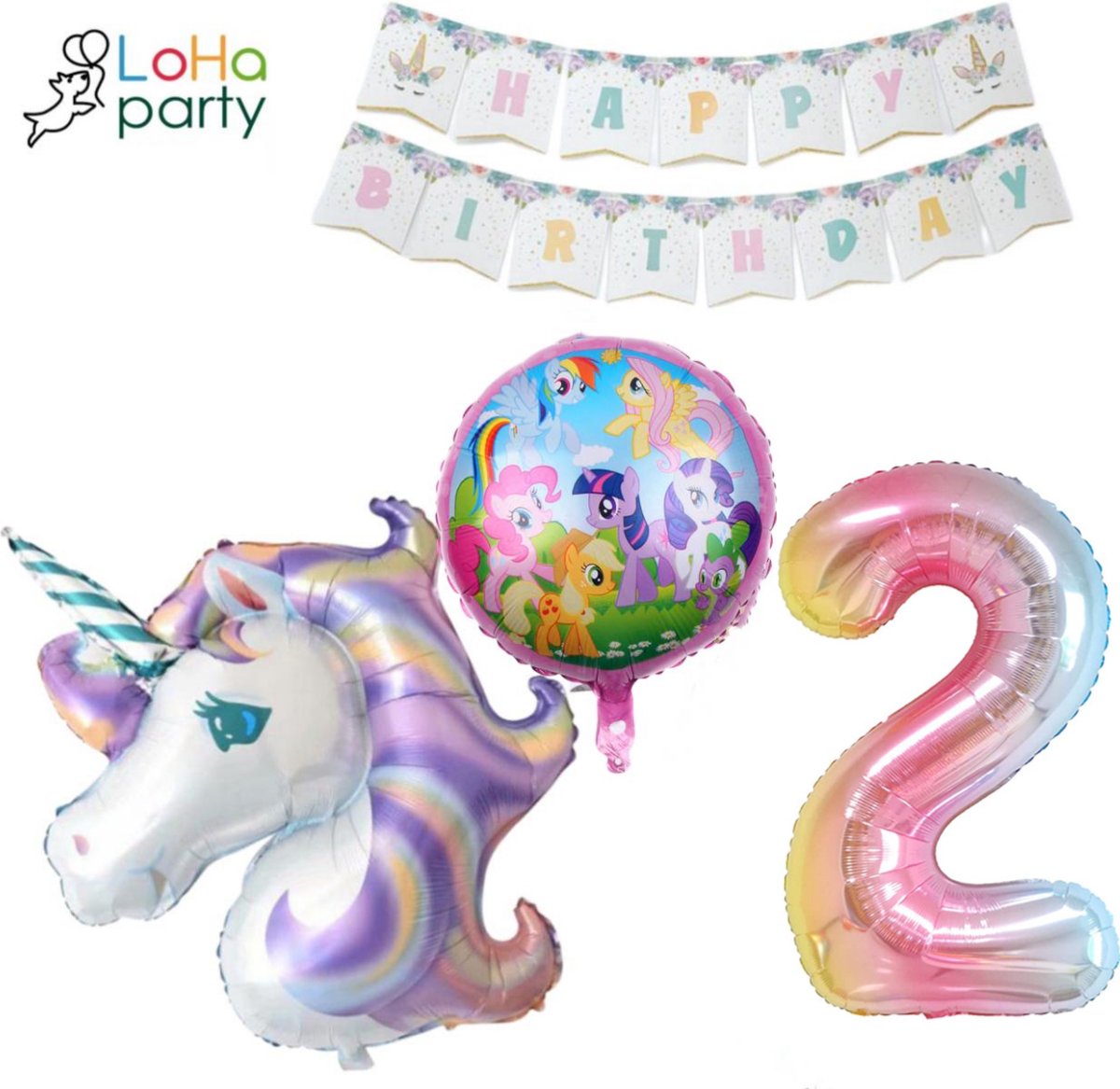 Loha-party® XXL Unicorns met XXL cijfer 2 Versiering ballonen-Folie Cijfer 2 Ballon -Eenhoorn Folie Ballon 2e Verjaardag Versiering-Unicorn Ballon Decoratie Feest Versiering-XXL-Little pony-Happy birthday-Folie ballonnen