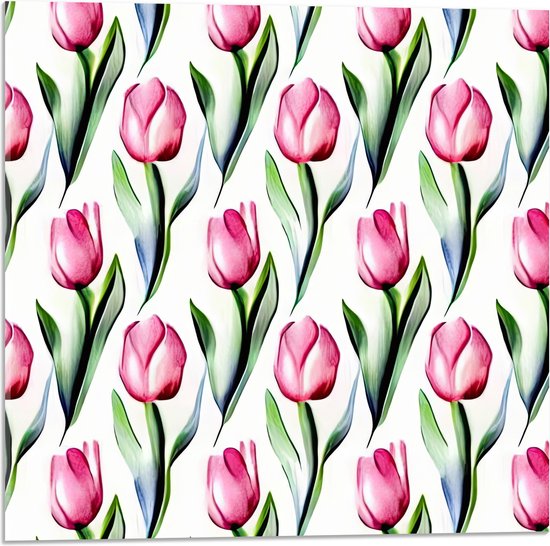 Acrylglas - Patroon van Roze Tulpen tegen Witte Achtergrond - 50x50 cm Foto op Acrylglas (Met Ophangsysteem)