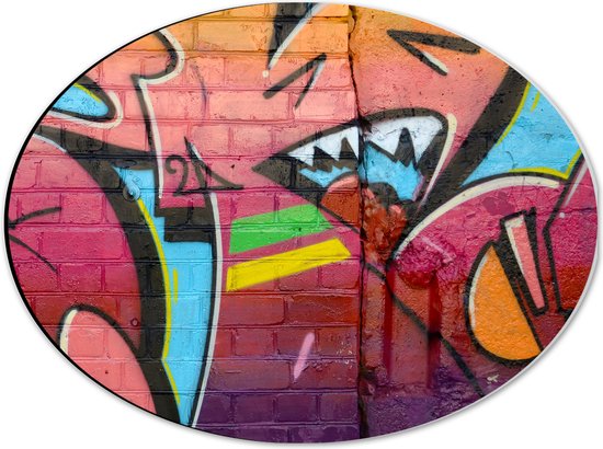 Dibond Ovaal - Muurschildering met Grafitti in Meerdere Kleuren - 40x30 cm Foto op Ovaal (Met Ophangsysteem)