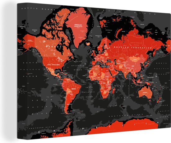 Wereldkaart rood zwart canvas | Wereldkaart Canvas Schilderij