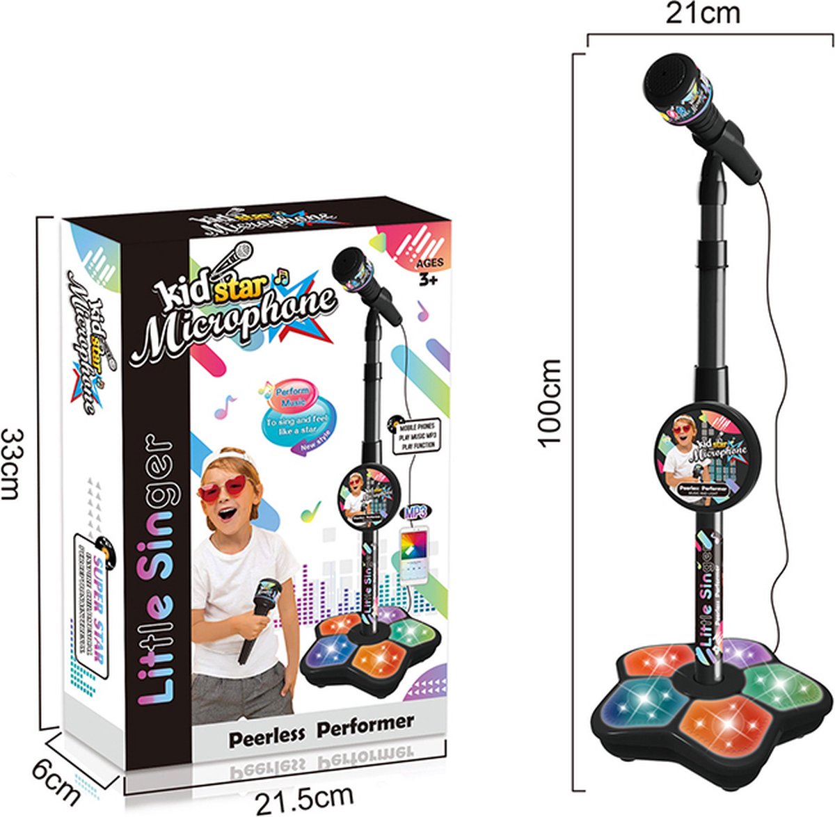 HOMCOM Microphone sur Pied Enfant Micro Karaoké Jeu Musical Effet Sonore  d'Applaudissement MP3 Hauteur Réglable 90 à 110 cm 