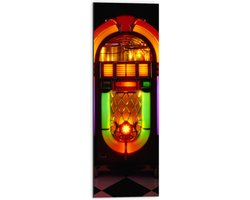 Dibond - Draaiende Jukebox in Ruimte met Zwarte en Witte Tegels - 30x90 cm Foto op Aluminium (Wanddecoratie van metaal)