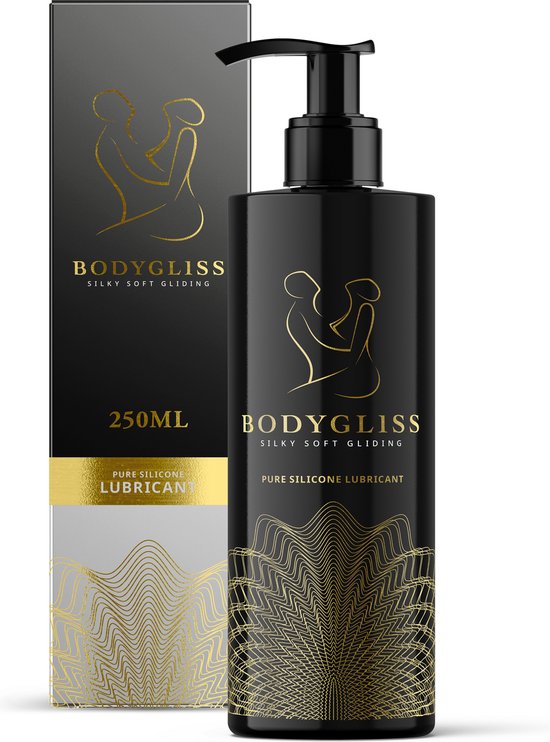 Zwarte fles en doos BodyGliss 250ml. Gouden opdruk van een stel en decoratie.