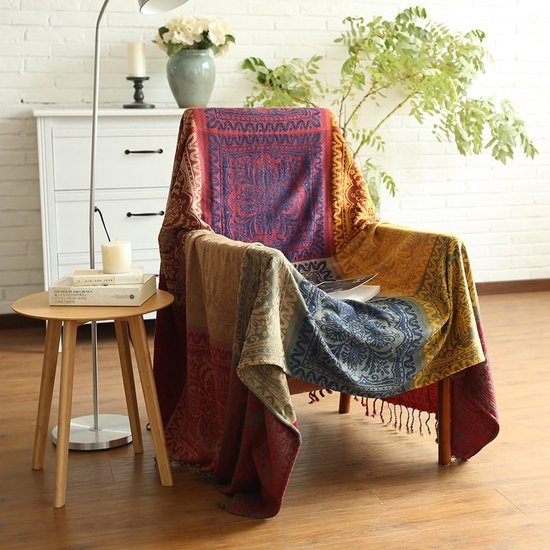 Chenille deken, vintage jacquard kwastjes dubbelzijdige patchwork deken warm luxe decoratief voor thuiskantoor reizen (Tibet-rood, 220 x 249 cm