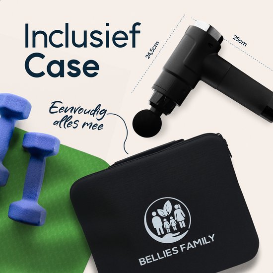 Bellies Family – Massage gun PRO – Samengesteld door MSc. Fysio – Incl. App – 12 Snelheidsstanden – Diepe Spierstimulatie (12mm) – Met Druksensor & LCD Touchscreen – Stil & Krachtig