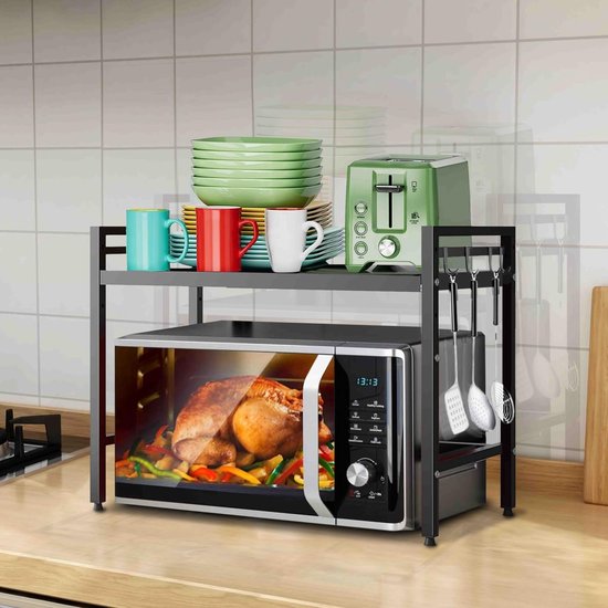 JSUDQR 2 Tiers Uitschuifbare Magnetron Oven Rack Stand Zwart Keuken Counter Top Organizer Magnetron Plank Stand voor Keuken Met 5 Haken Koolstofstaal Zware Belasting Lengte 40-60cm