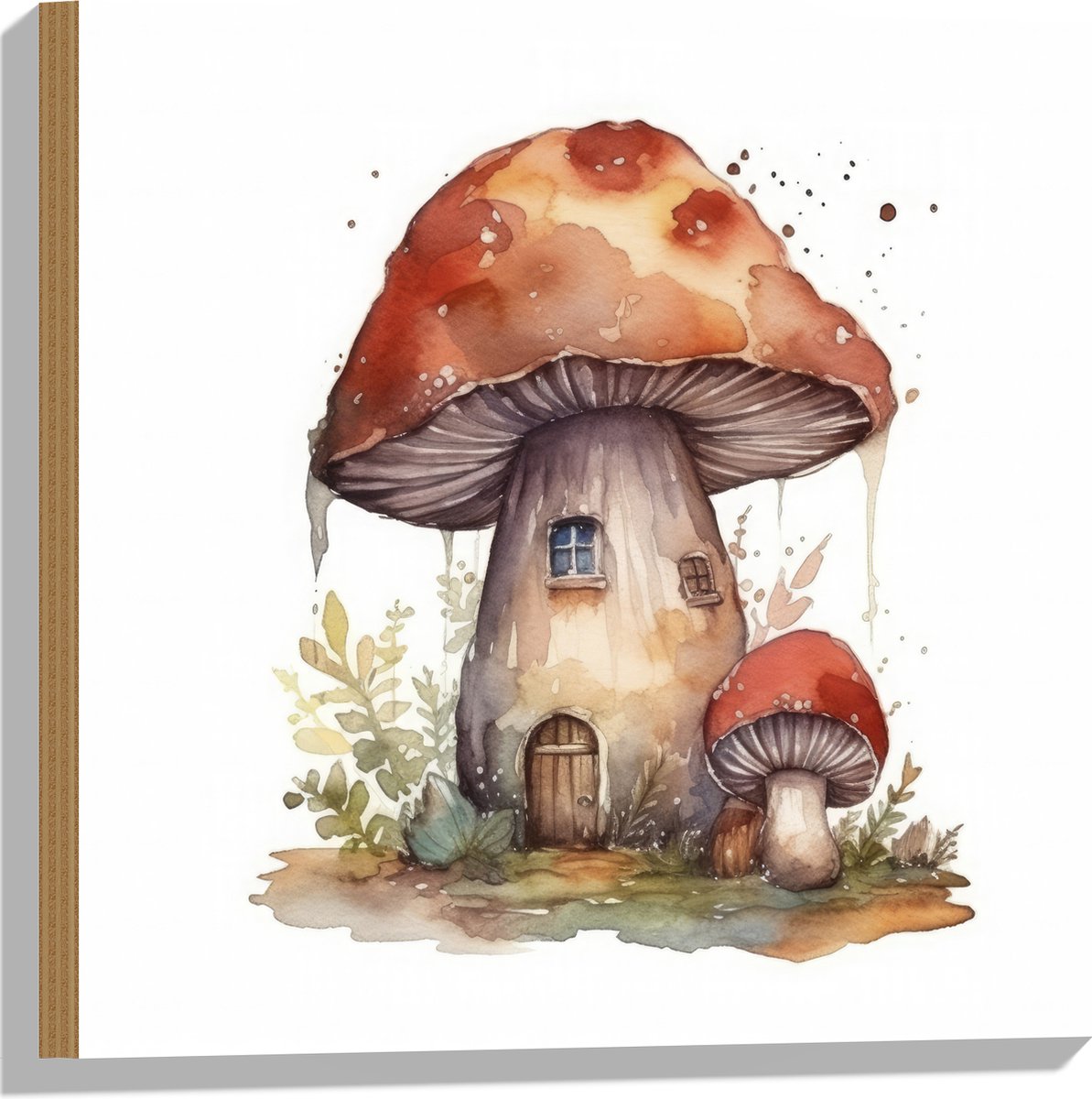 Hout - Waterverf Tekening van Paddenstoelen Huisje - 50x50 cm - 9 mm dik - Foto op Hout (Met Ophangsysteem)