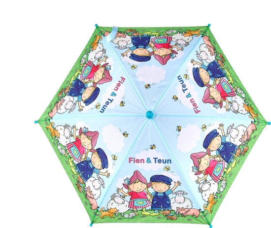 Open Fien & Teun kinderparaplu, blauw met boerderijdieren en kinderen, groene rand.