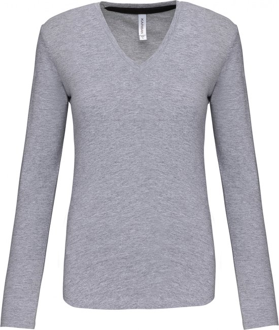 T-shirt Dames XL Kariban V-hals Lange mouw Oxford Grey 90% Katoen, 10% Viscose