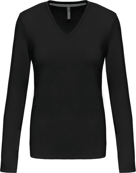 Zwart Kariban dames t-shirt met V-hals en lange mouwen.