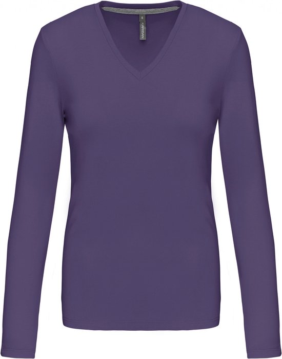 Paars dames t-shirt met V-hals en lange mouwen.