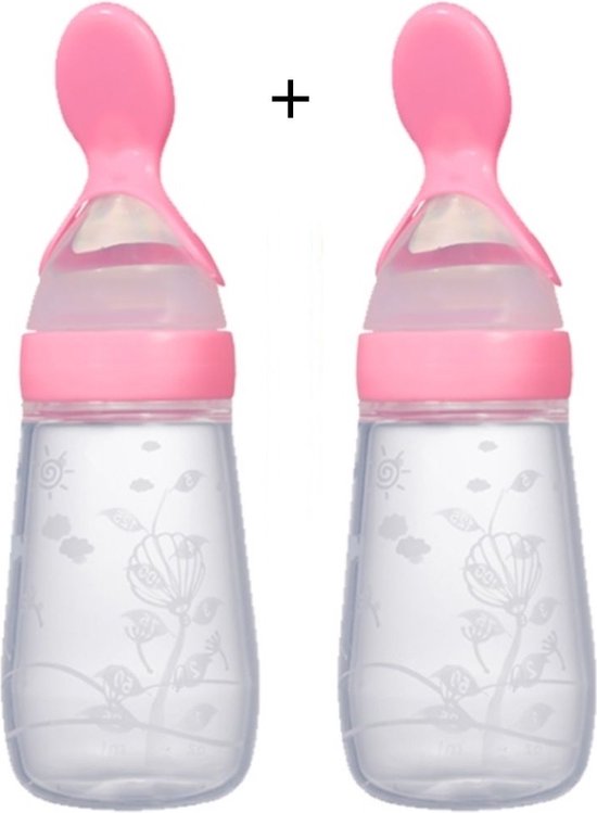 Babyflesje - Biberoia® 2x Knijpfles met lepel – Drinkfles - Baby – Kinderbestek - Kraamcadeau – Babyshower – Roze