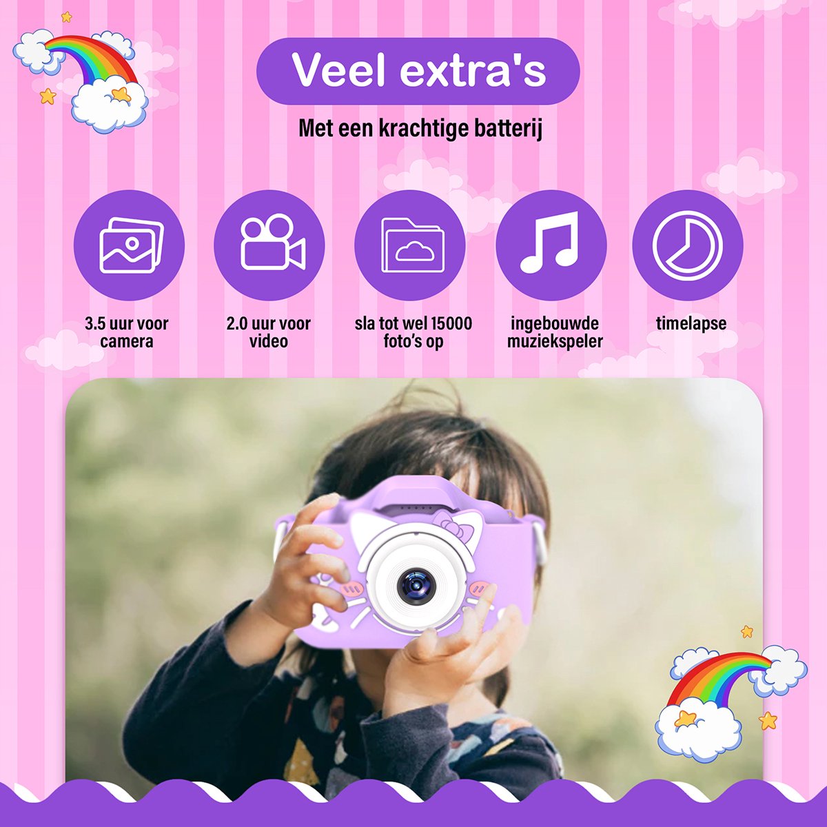 Ilona® Digitale Kindercamera HD 1080p inclusief stickervel - Speelgoedcamera - 32GB micro sd kaart - Fototoestel Voor Kinderen - Selfie Camera - Paars — afbeelding 3