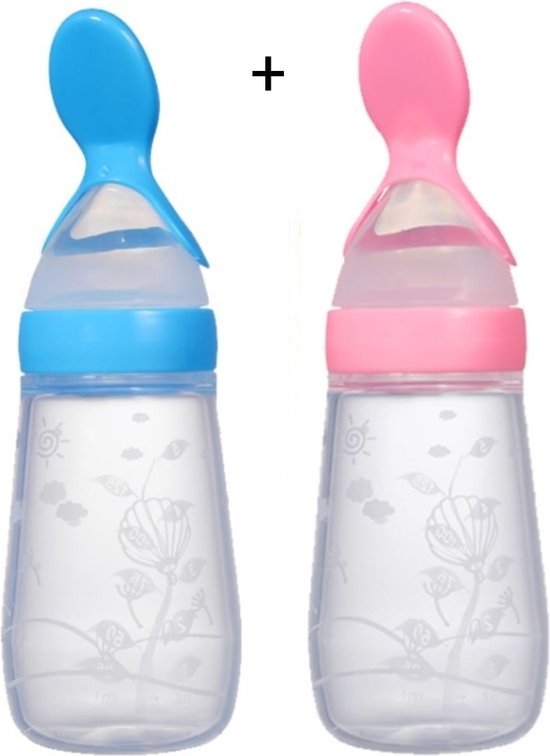 Babyflesje - Biberoia® 2x Knijpfles met lepel – Drinkfles - Baby – Kinderbestek - Kraamcadeau – Babyshower – Blauw + Roze