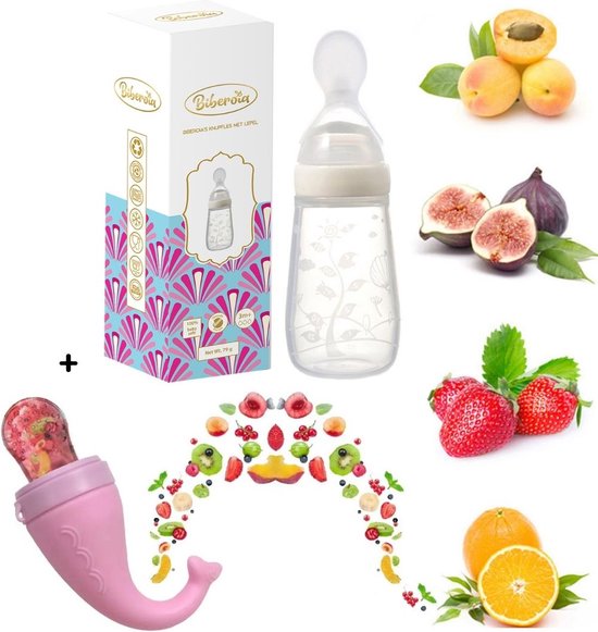  - Biberoia® Knijpfles met lepel + Fruitspeen – Drinkfles - Baby – Kinderbestek - Babybestek - Kraamcadeau – Babyshower