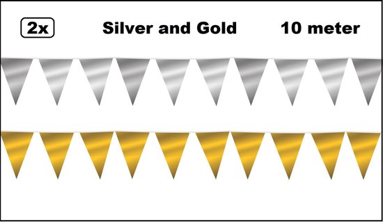 2x Vlaggenlijn Silver and Gold party 10 meter - Zilver en goud - Festival thema feest party verjaardag gala jubileum