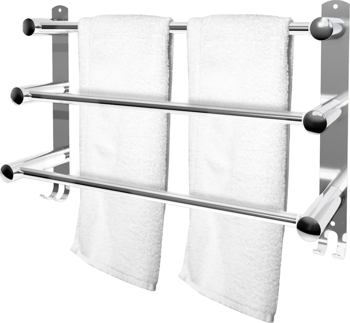 Handdoekhouder, 3 stangen, 49 - 90 cm, wandmontage, met haken, roestvrij staal, verstelbare handdoekhouder, voor keuken, toilet, chroom