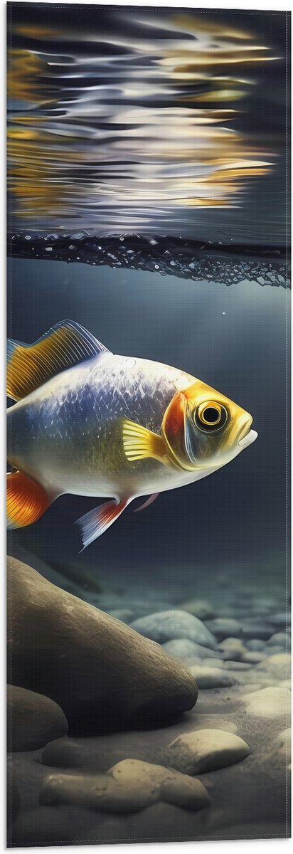 Vlag - Zilver met Oranjekleurige Vis Zwemmend in Aquarium - 30x90 cm Foto op Polyester Vlag