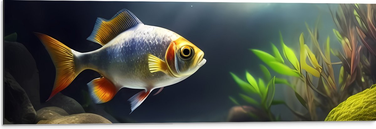 Dibond - Zilver met Oranjekleurige Vis Zwemmend in Aquarium - 90x30 cm Foto op Aluminium (Wanddecoratie van metaal)
