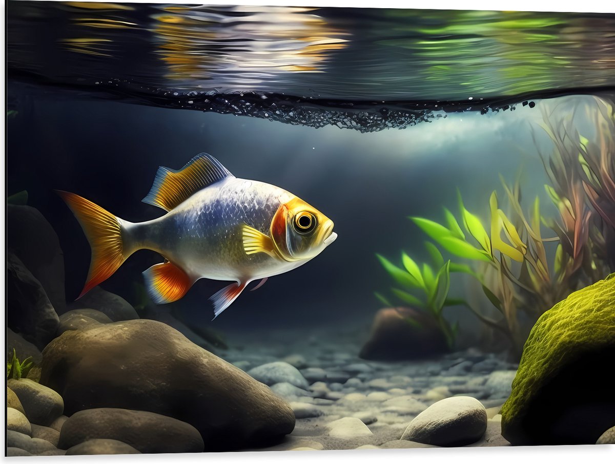 Dibond - Zilver met Oranjekleurige Vis Zwemmend in Aquarium - 80x60 cm Foto op Aluminium (Wanddecoratie van metaal)