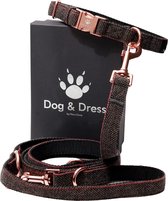 Halsband met hondenriem, verstelbaar, tweedstof, hondenriem van 2 meter met 3 roségoudkleurige ringen en musketonhaken, geschikt voor grote en kleine honden, perfect cadeau, donkerbruin