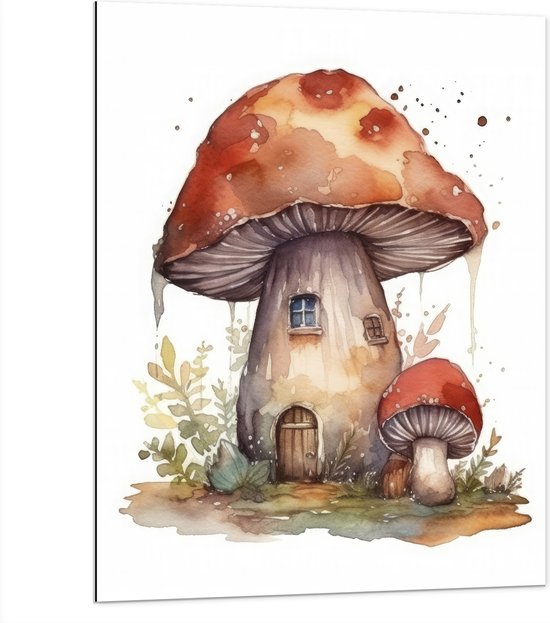 Dibond - Waterverf Tekening van Paddenstoelen Huisje - 75x100 cm Foto op Aluminium (Met Ophangsysteem)