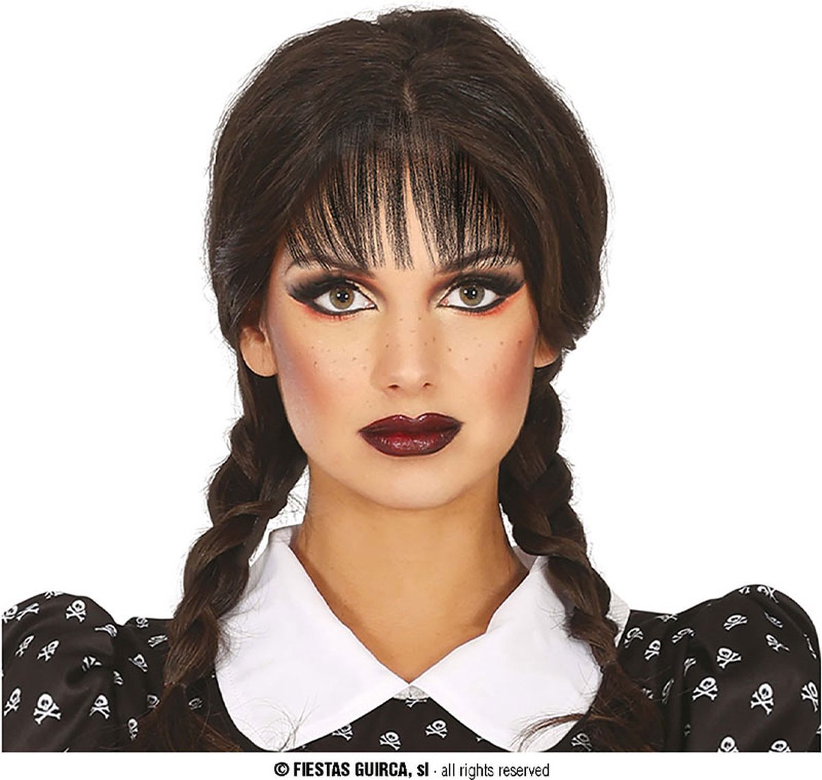 Fiestas Guirca - Thursday pruik volwassen - Halloween - Wednesday Addams kostuum - Wednesday jurk - Wednesday new series - Halloween Pruik - Halloween accessoires - Halloween outfit - Pruiken - enge pruiken