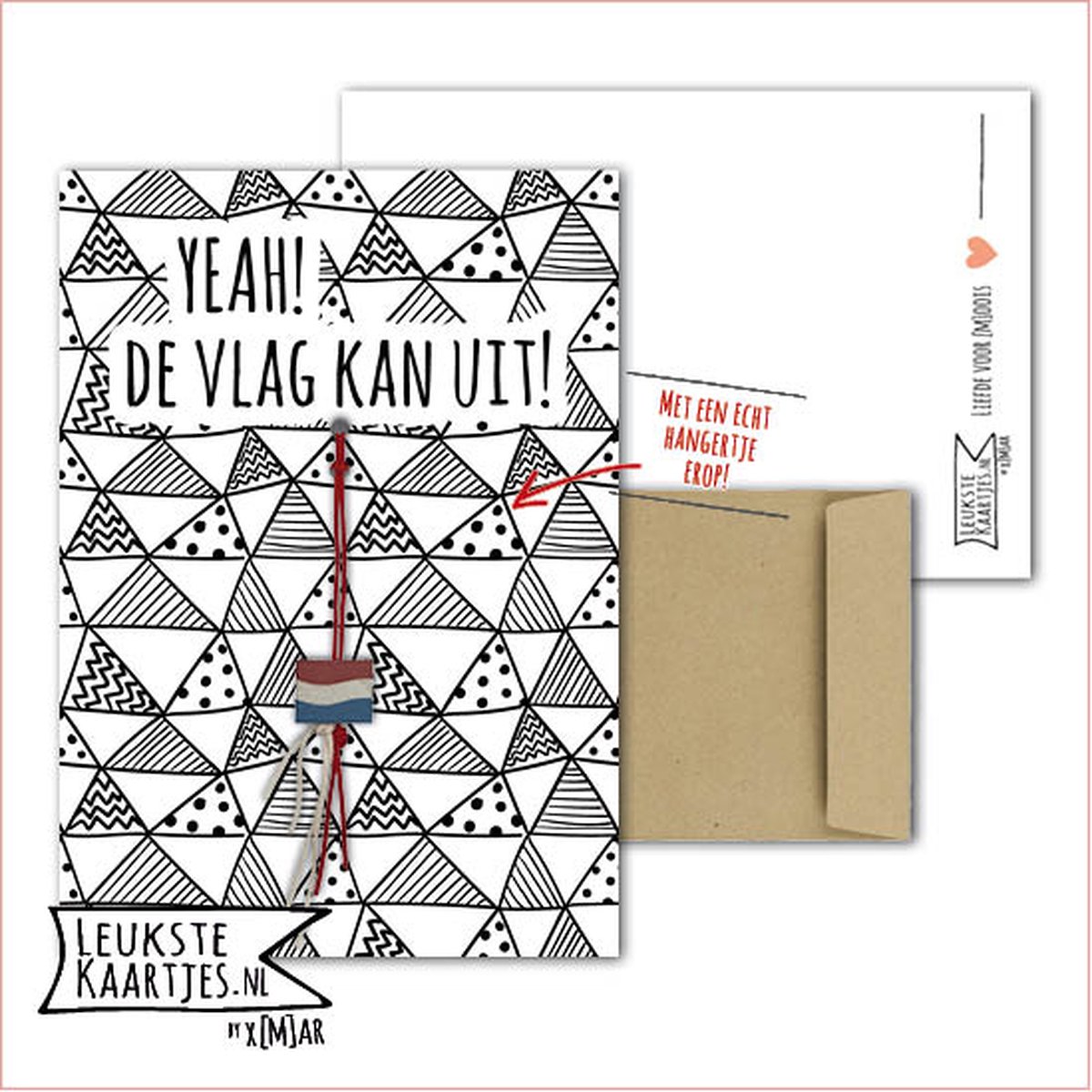 Kaartkadootje -> Vlaggetje - No:06 (Yeah! De vlag kan uit! - Gelukspoppetje houten Nederlandse vlag - Geslaagd-school-certificaat-rijbewijs-eindelijk gelukt-etc - Vlaggen zwart/wit) - LeuksteKaartjes.nl by xMar