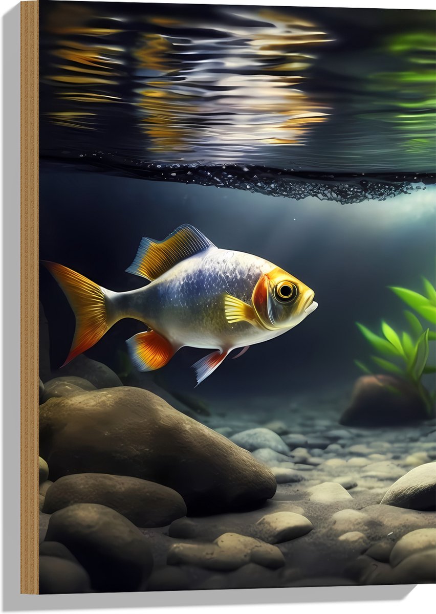 Hout - Zilver met Oranjekleurige Vis Zwemmend in Aquarium - 40x60 cm - 9 mm dik - Foto op Hout (Met Ophangsysteem)