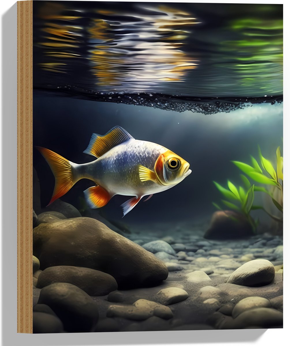 Hout - Zilver met Oranjekleurige Vis Zwemmend in Aquarium - 30x40 cm - 9 mm dik - Foto op Hout (Met Ophangsysteem)