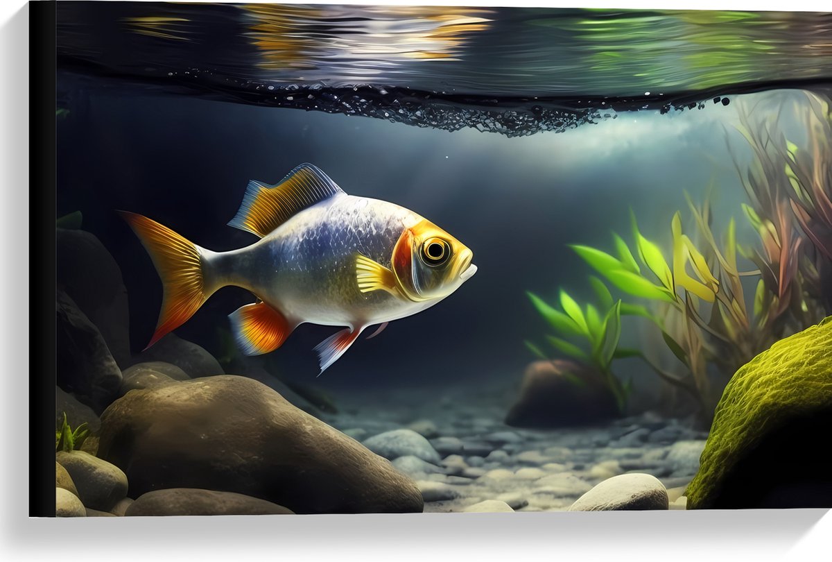 Canvas - Zilver met Oranjekleurige Vis Zwemmend in Aquarium - 60x40 cm Foto op Canvas Schilderij (Wanddecoratie op Canvas)