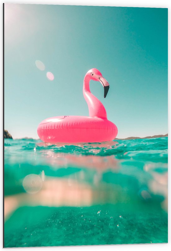 Dibond - Water - Blauw - Flamingo - Roze - 60x90 cm Foto op Aluminium (Wanddecoratie van metaal)
