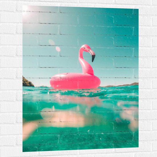 Muursticker - Water - Blauw - Flamingo - Roze - 75x100 cm Foto op Muursticker