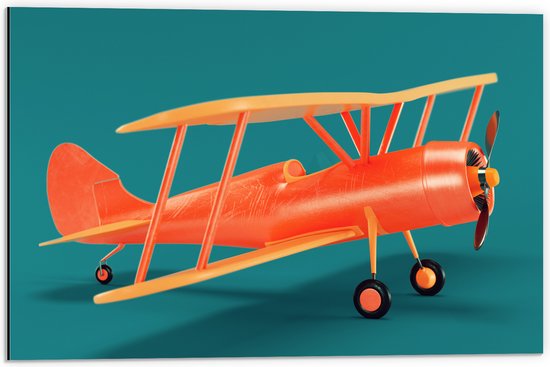 Dibond - Zijaanzicht van Oranje Zweefvliegtuig tegen Blauwe Achtergrond - 60x40 cm Foto op Aluminium (Met Ophangsysteem)